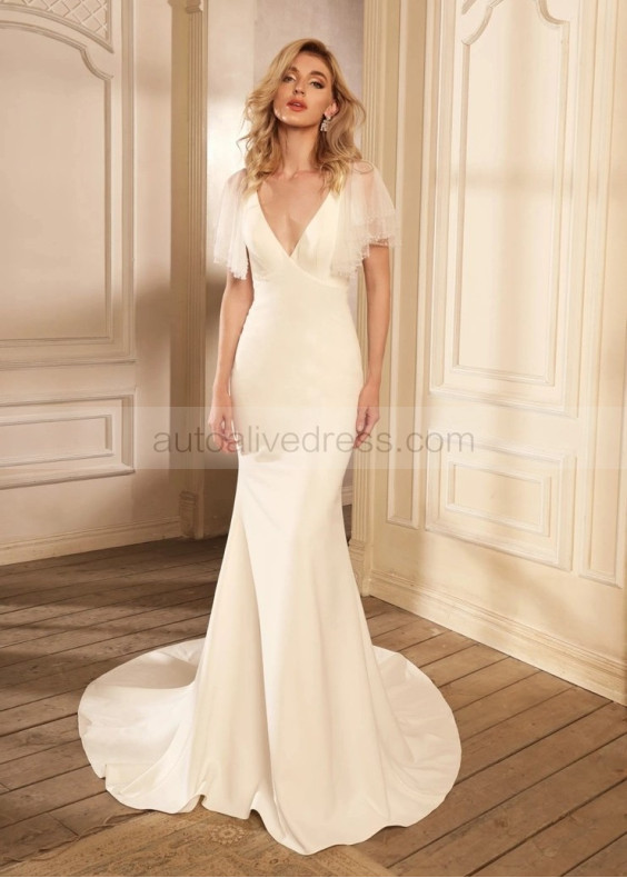 Short Sleeves Beaded Ivory Satin Tulle Wedding Dress